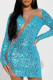 Blue Sexy Patchwork Sequins See-through O Neck Long Sleeve Dresses