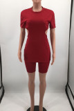 Blue Sexy Solid Hollowed Out Patchwork Zipper O Neck Short Sleeve Two Pieces