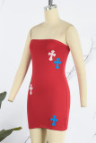 Red Sexy Print Backless Strapless Sleeveless Dress Dresses