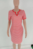 Red Casual Striped Print Patchwork V Neck One Step Skirt Dresses