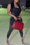 Black Sexy Solid Hollowed Out Patchwork U Neck Skinny Jumpsuits