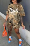 Multicolor Casual Letter Print Basic O Neck Short Sleeve Two Pieces