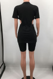Blue Sexy Solid Hollowed Out Patchwork Zipper O Neck Short Sleeve Two Pieces