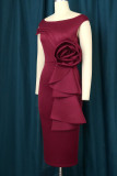 Burgundy Elegant Solid Patchwork Slit O Neck Evening Dress Dresses