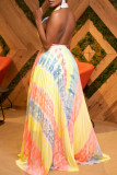 Yellow Sexy Print Patchwork Backless Fold Halter Evening Dress Dresses