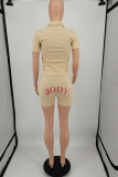 Red Casual Print Letter Turndown Collar Short Sleeve Two Pieces