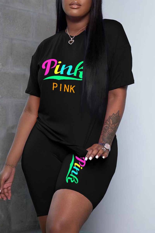 Black Casual Print Letter O Neck Short Sleeve Two Pieces