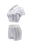 Light Blue Sexy Striped Backless V Neck Short Sleeve Two Pieces