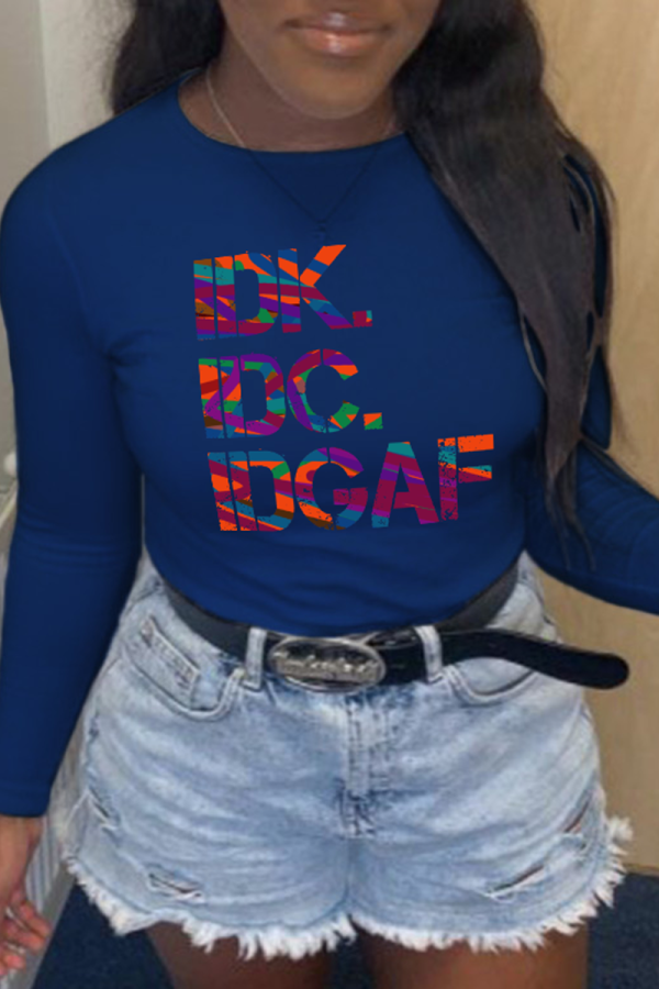 Navy Blue Street Print Patchwork Letter O Neck Tops