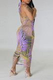 Purple Sexy Print Bandage Patchwork Backless Halter Pencil Skirt Dresses