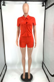 Red Casual Print Letter Turndown Collar Short Sleeve Two Pieces