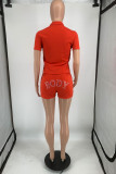 Red Casual Print Letter Turndown Collar Short Sleeve Two Pieces