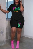 Pink Casual Print Letter O Neck Short Sleeve Two Pieces