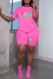 Pink Casual Print Letter O Neck Short Sleeve Two Pieces