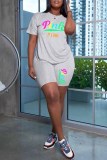 Pink Casual Print Letter O Neck Short Sleeve Two Pieces