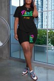 Pink Casual Print Letter O Neck Short Sleeve Two Pieces