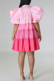 Pink Casual Solid Patchwork Fold Turndown Collar A Line Dresses