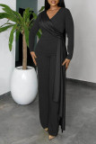 Black Casual Elegant Solid Patchwork V Neck Straight Jumpsuits