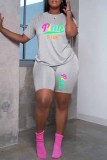 Pink Casual Print Letter O Neck Short Sleeve Two Pieces