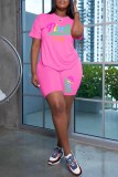 Pink Casual Print Letter O Neck Short Sleeve Two Pieces