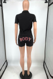 Red Casual Print Letter Turndown Collar Short Sleeve Two Pieces