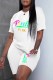 White Casual Print Letter O Neck Short Sleeve Two Pieces