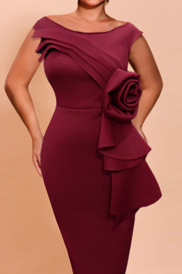 Burgundy Elegant Solid Patchwork Slit O Neck Evening Dress Dresses