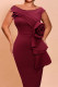 Burgundy Elegant Solid Patchwork Slit O Neck Evening Dress Dresses