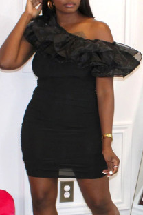 Black Sexy Solid Patchwork Flounce Oblique Collar Pencil Skirt Dresses
