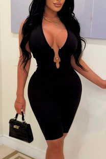 Black Sexy Solid Patchwork Backless Halter Skinny Jumpsuits