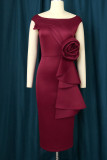 Burgundy Elegant Solid Patchwork Slit O Neck Evening Dress Dresses