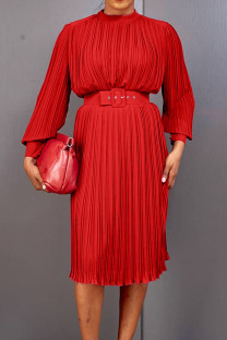 Red Casual Solid Patchwork Fold With Belt O Neck Straight Dresses