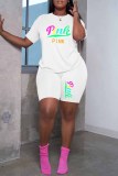 Pink Casual Print Letter O Neck Short Sleeve Two Pieces