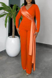 Tangerine Red Casual Elegant Solid Patchwork V Neck Straight Jumpsuits