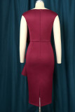 Burgundy Elegant Solid Patchwork Slit O Neck Evening Dress Dresses