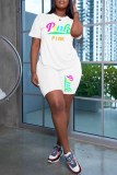 Pink Casual Print Letter O Neck Short Sleeve Two Pieces