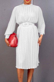 White Casual Solid Patchwork Fold With Belt O Neck Straight Dresses