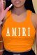 Orange Casual Print Letter U Neck Tops