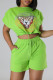 Green Casual Print Patchwork Draw String O Neck Short Sleeve Two Pieces