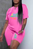 Pink Casual Print Letter O Neck Short Sleeve Two Pieces
