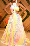 Yellow Sexy Print Patchwork Backless Fold Halter Evening Dress Dresses