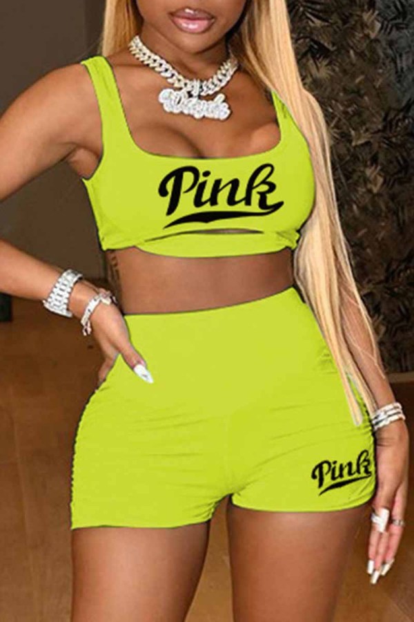 Fluorescent Green Sexy Print Letter U Neck Sleeveless Two Pieces