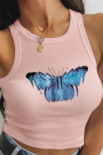 Pink Casual Butterfly Print Basic O Neck Tops
