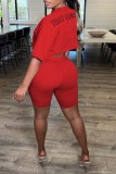 Red Casual Letter Embroidery Basic O Neck Short Sleeve Two Pieces