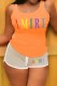 Orange Khaki Casual Print Letter U Neck Sleeveless Two Pieces