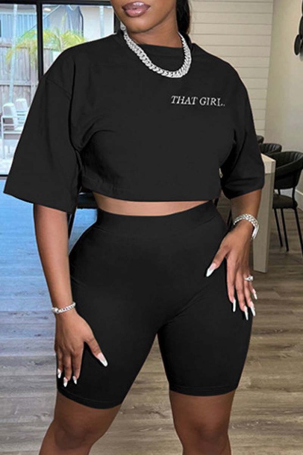 Black Casual Letter Embroidery Basic O Neck Short Sleeve Two Pieces