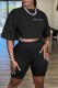 Black Casual Letter Embroidery Basic O Neck Short Sleeve Two Pieces