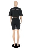 Red Casual Letter Embroidery Basic O Neck Short Sleeve Two Pieces