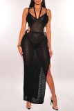 Black Sexy Solid Bandage See-through Backless Slit Spaghetti Strap Beach Dress Dresses