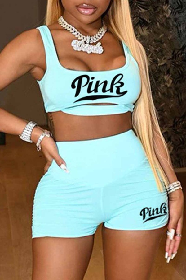 Sky Blue Sexy Print Letter U Neck Sleeveless Two Pieces